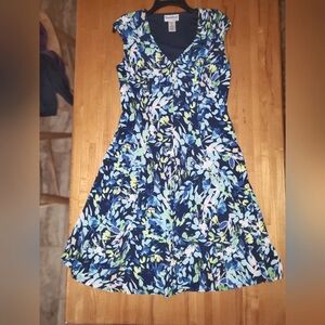 NorthStyle Blue Green Abstract Floral Sleeveless V-Neck Midi Sundress